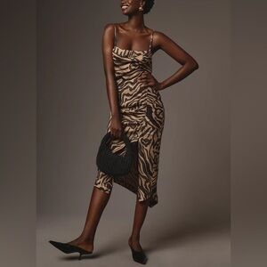 By Anthropologie Sleeveless Draped-Back Asymmetric Slip Midi Dress Tiger Print